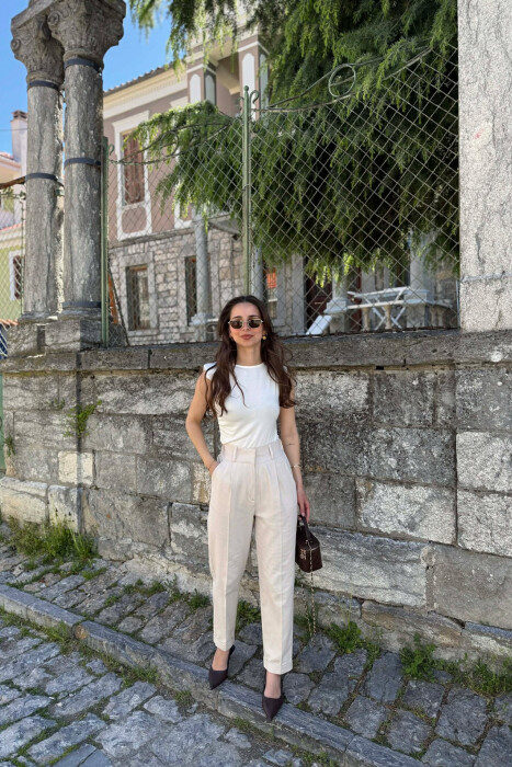 SEMI ELASTIC WAIST ONE COLOR WOMEN TROUSERS CREAM/KREM - KLAUDIO FASHION
