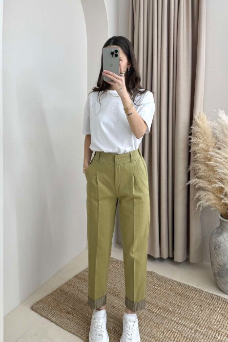 SEMI ELASTIC WAIST ONE COLOR WOMEN TROUSERS GREEN/JESHILE - 6