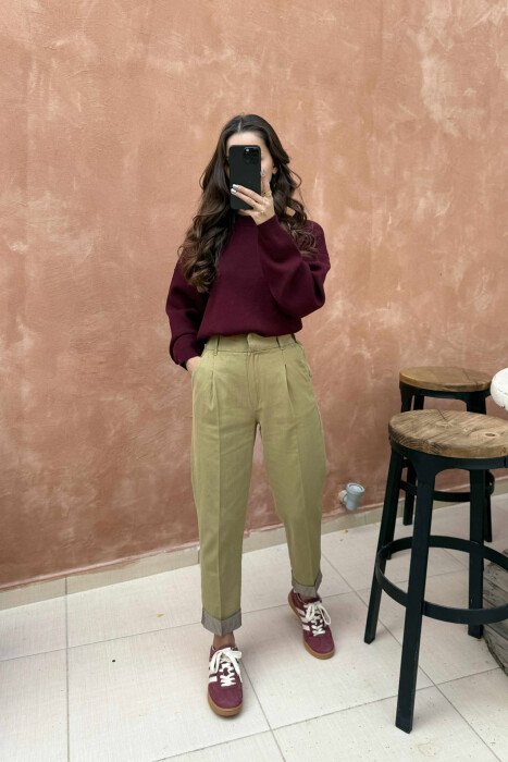 SEMI ELASTIC WAIST ONE COLOR WOMEN TROUSERS GREEN/JESHILE - 1