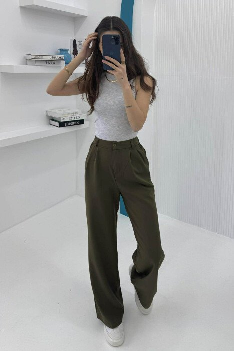 SEMI ELASTIC WAIST ONE COLOR WOMEN TROUSERS GREEN/JESHILE - 1
