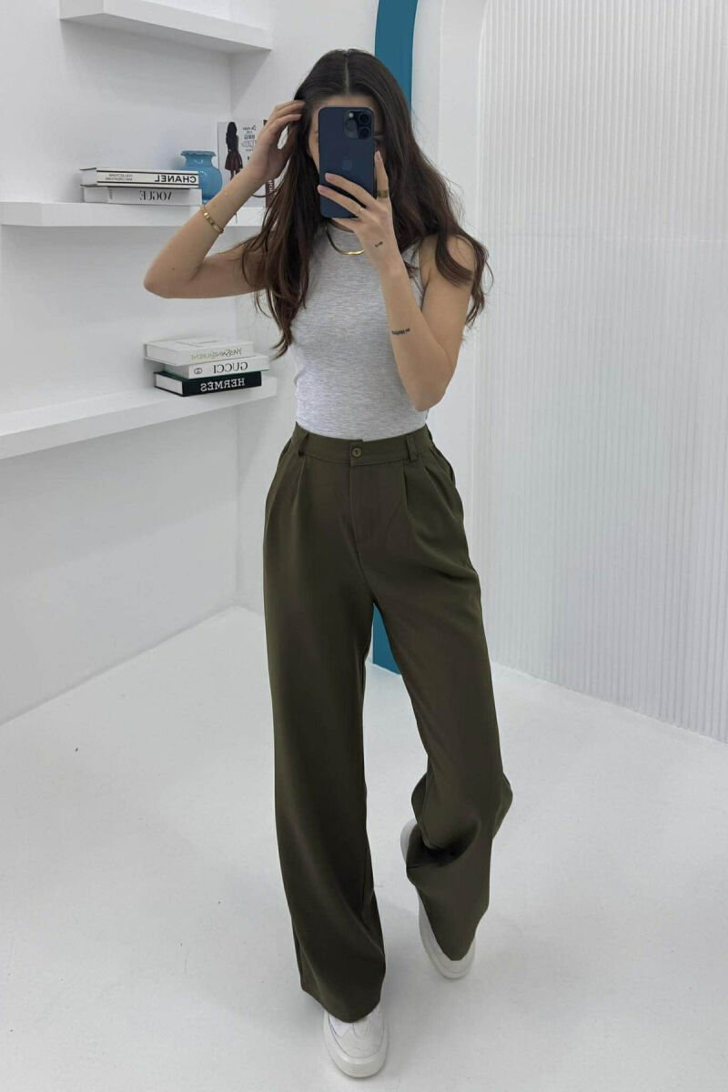 SEMI ELASTIC WAIST ONE COLOR WOMEN TROUSERS GREEN/JESHILE - 1