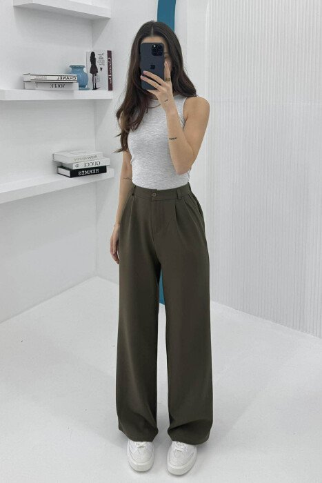 SEMI ELASTIC WAIST ONE COLOR WOMEN TROUSERS GREEN/JESHILE - 2