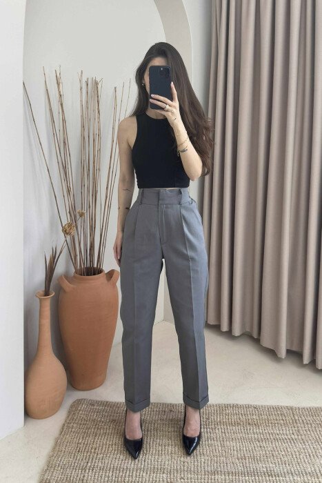SEMI ELASTIC WAIST ONE COLOR WOMEN TROUSERS GREY/GRI - KLAUDIO FASHION
