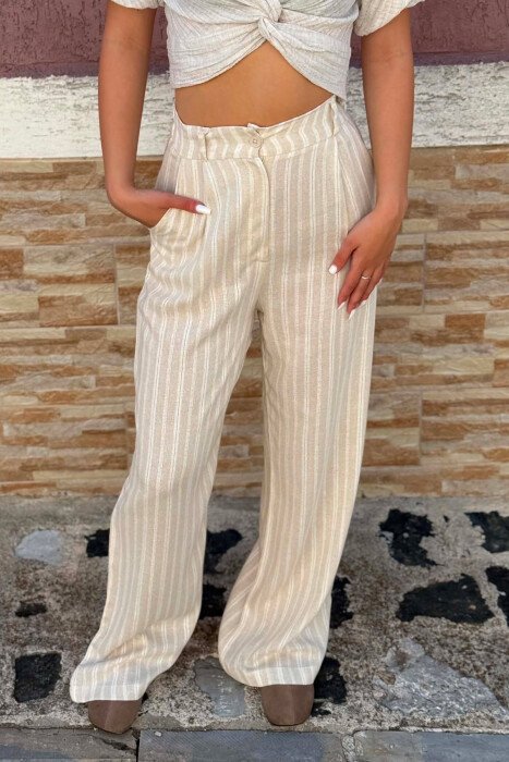 SEMI ELASTIC WAIST WIDE LEG WOMEN TROUSERS CREAM/KREM - 2