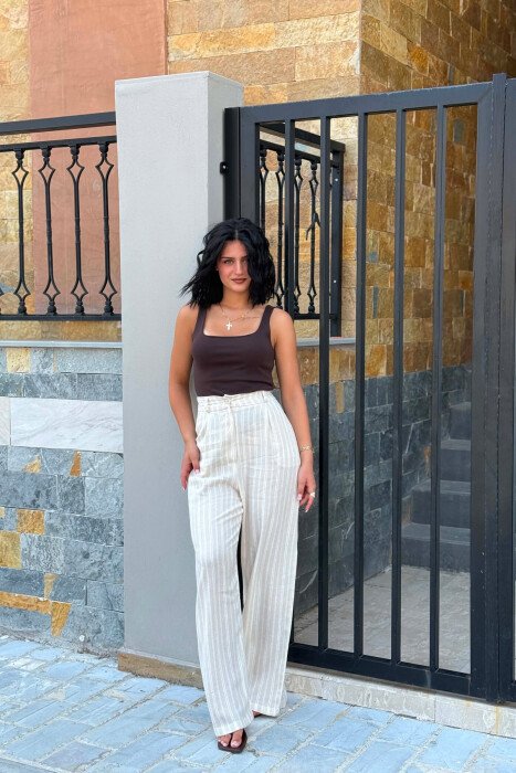 SEMI ELASTIC WAIST WIDE LEG WOMEN TROUSERS CREAM/KREM - KLAUDIO FASHION