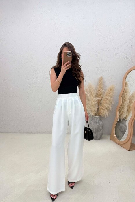 SEMI ELASTIC WAIST WOMAN TROUSERS WHITE-E BARDHE - KLAUDIO FASHION