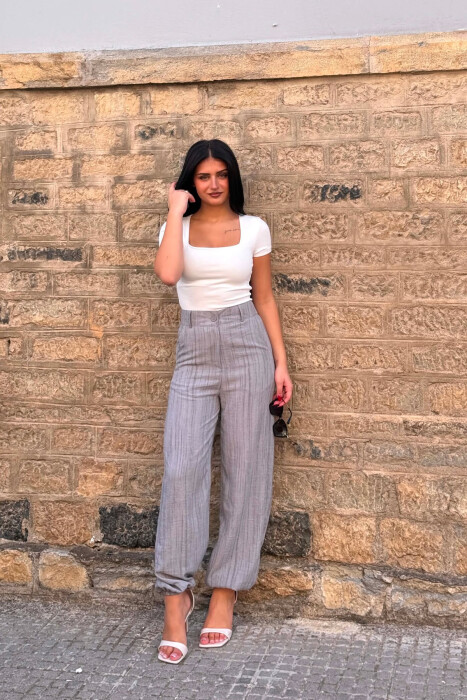 SEMI ELASTIC WAIST WOMEN TROUSERS LIGHT GREY/GZ - 1