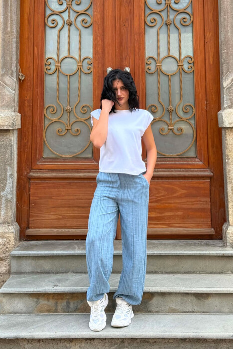 SEMI ELASTIC WAIST WOMEN TROUSERS LIGHTBLUE/BZ - 5