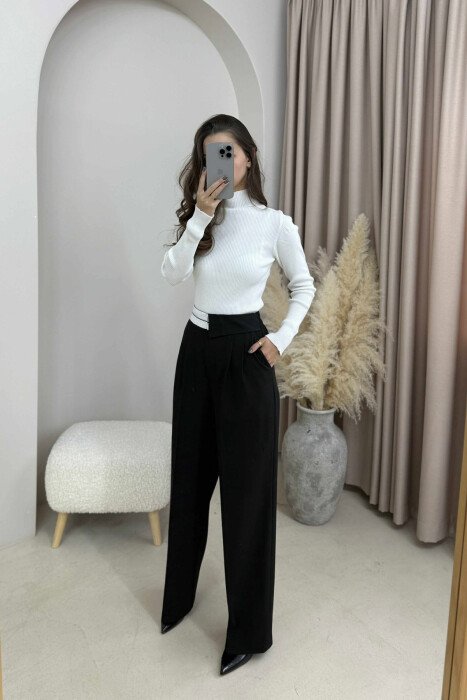 SEMI ELASTIC WIDE LEG WOMEN TROUSERS BLACK/ E ZEZE 