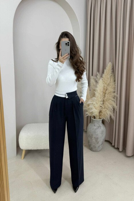 SEMI ELASTIC WIDE LEG WOMEN TROUSERS BLUE/BLU - 1