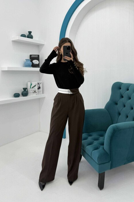PANTALLONA TË GJËRA ME BEL GJYSËM ELASTIK PËR FEMRA NË NGJYRË KAFE - KLAUDIO FASHION