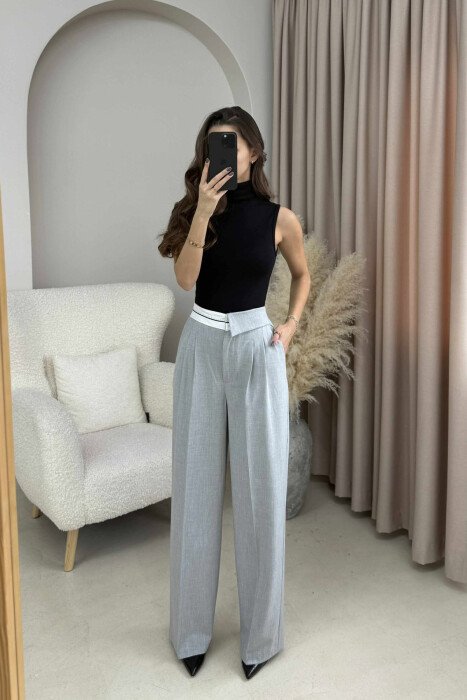 SEMI ELASTIC WIDE LEG WOMEN TROUSERS LIGHT GREY/GZ - 3