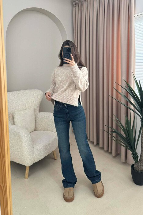 SEMI NECK SIMPLE WOMEN SWEATER BEIGE/BEZHE - KLAUDIO FASHION