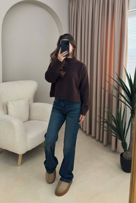 SEMI NECK SIMPLE WOMEN SWEATER DARK BROWN/KAE - 5