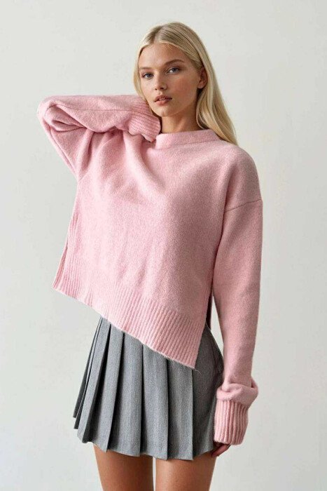 SEMI NECK SIMPLE WOMEN SWEATER PINK/ROZE - KLAUDIO FASHION