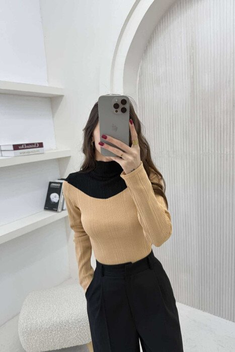 SEMI NECK TWO COLOR WOMEN SWEATER BEIGE/BEZHE 