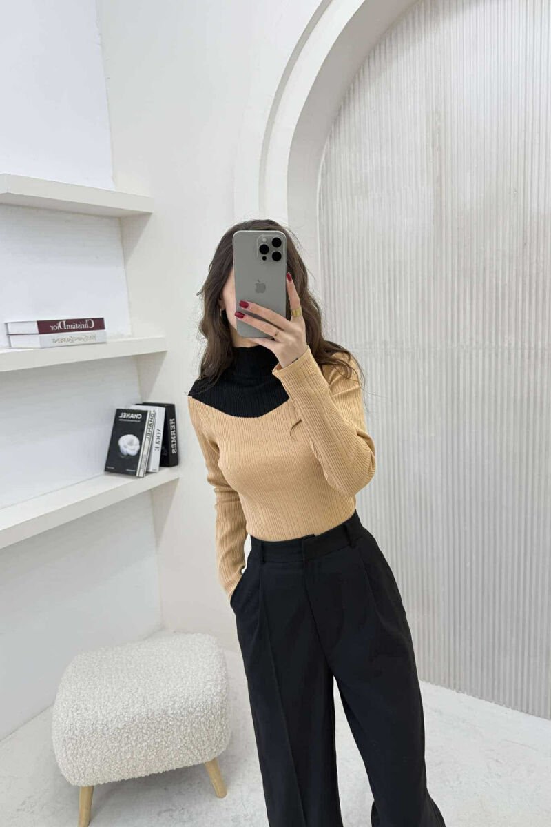 SEMI NECK TWO COLOR WOMEN SWEATER BEIGE/BEZHE - 2