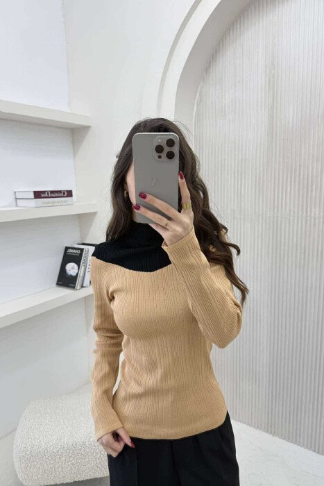 SEMI NECK TWO COLOR WOMEN SWEATER BEIGE/BEZHE - 3