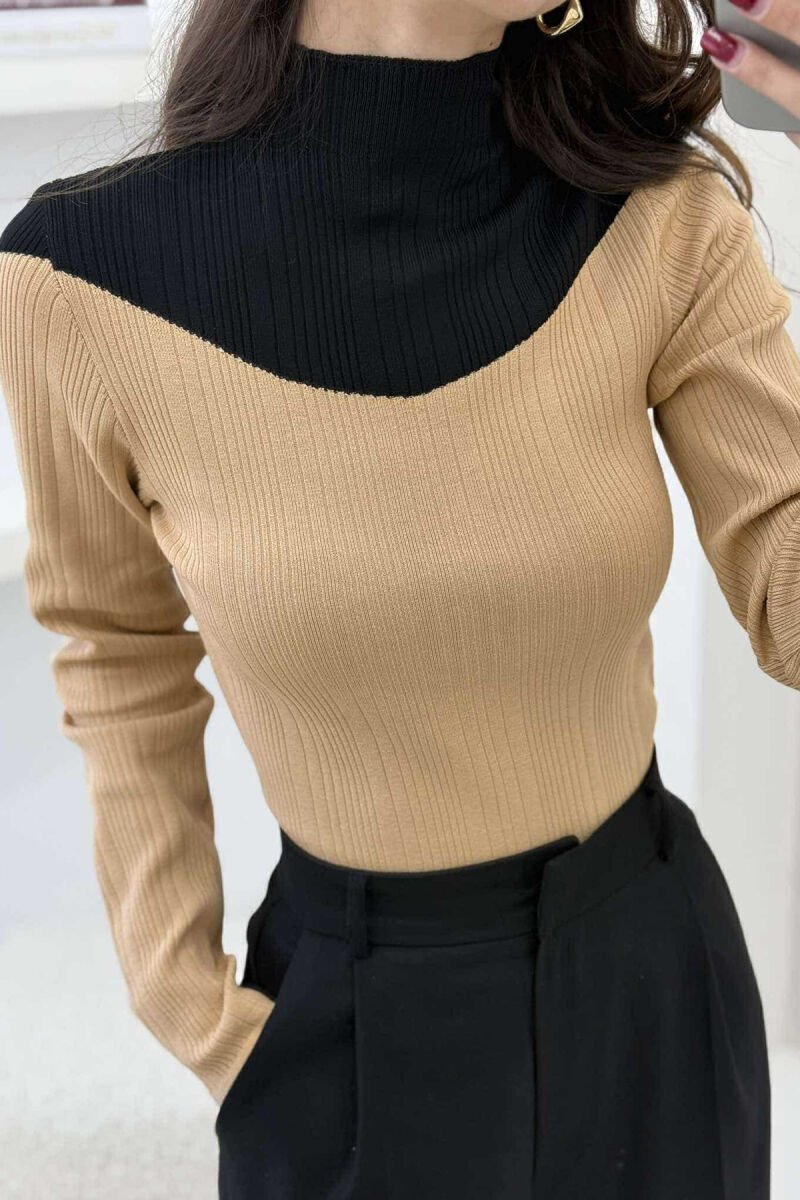 SEMI NECK TWO COLOR WOMEN SWEATER BEIGE/BEZHE - 4