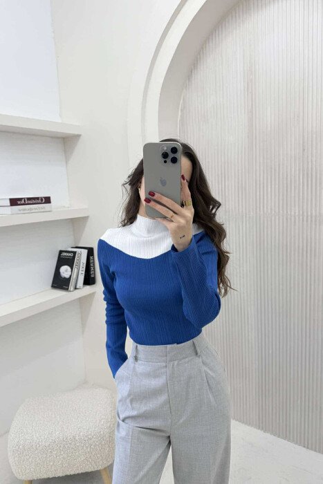 SEMI NECK TWO COLOR WOMEN SWEATER BLUE/BLU 