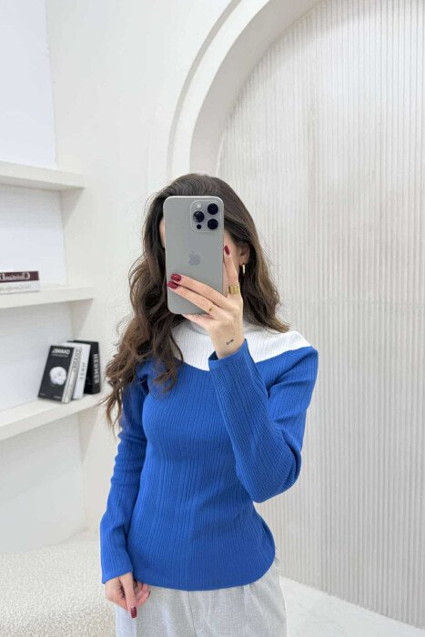 SEMI NECK TWO COLOR WOMEN SWEATER BLUE/BLU - 3