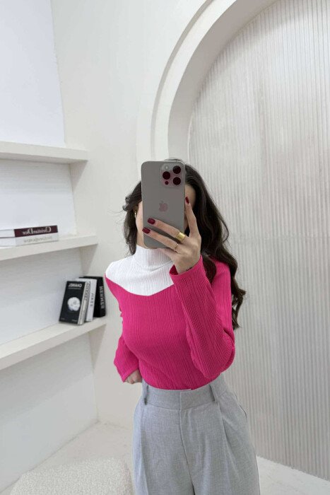 SEMI NECK TWO COLOR WOMEN SWEATER FUCHSIA/CIKLAMI - 2