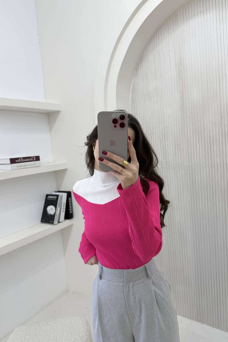 SEMI NECK TWO COLOR WOMEN SWEATER FUCHSIA/CIKLAMI - 2