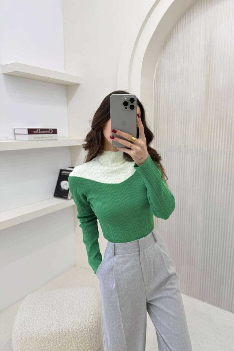 SEMI NECK TWO COLOR WOMEN SWEATER GREEN/JESHILE 