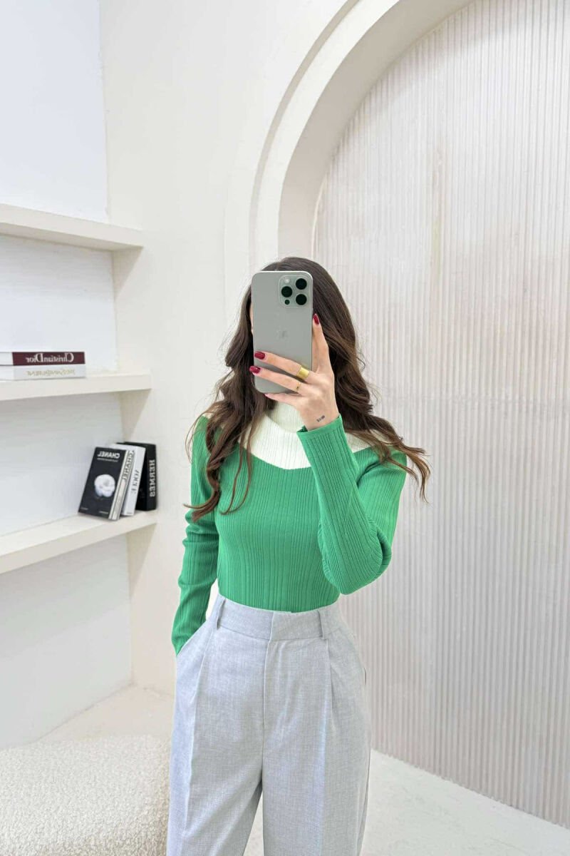 SEMI NECK TWO COLOR WOMEN SWEATER GREEN/JESHILE - 2