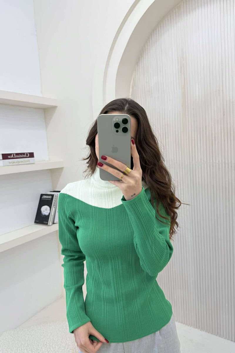 SEMI NECK TWO COLOR WOMEN SWEATER GREEN/JESHILE - 3