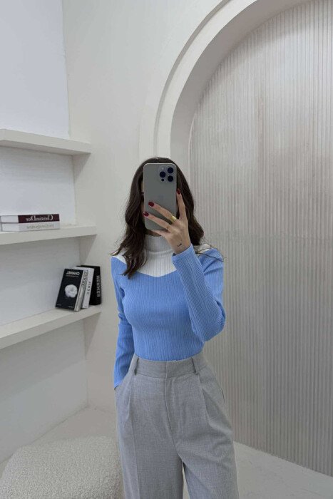 SEMI NECK TWO COLOR WOMEN SWEATER LIGHTBLUE/BZ - 1