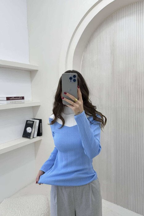 SEMI NECK TWO COLOR WOMEN SWEATER LIGHTBLUE/BZ - 2
