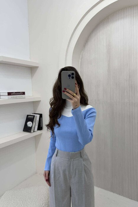 SEMI NECK TWO COLOR WOMEN SWEATER LIGHTBLUE/BZ - 4