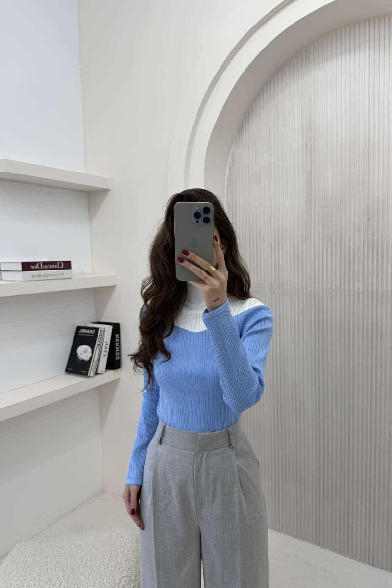 SEMI NECK TWO COLOR WOMEN SWEATER LIGHTBLUE/BZ - 4