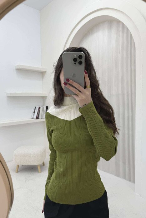 SEMI NECK TWO COLOR WOMEN SWEATER OLIVE/ULLI - 2