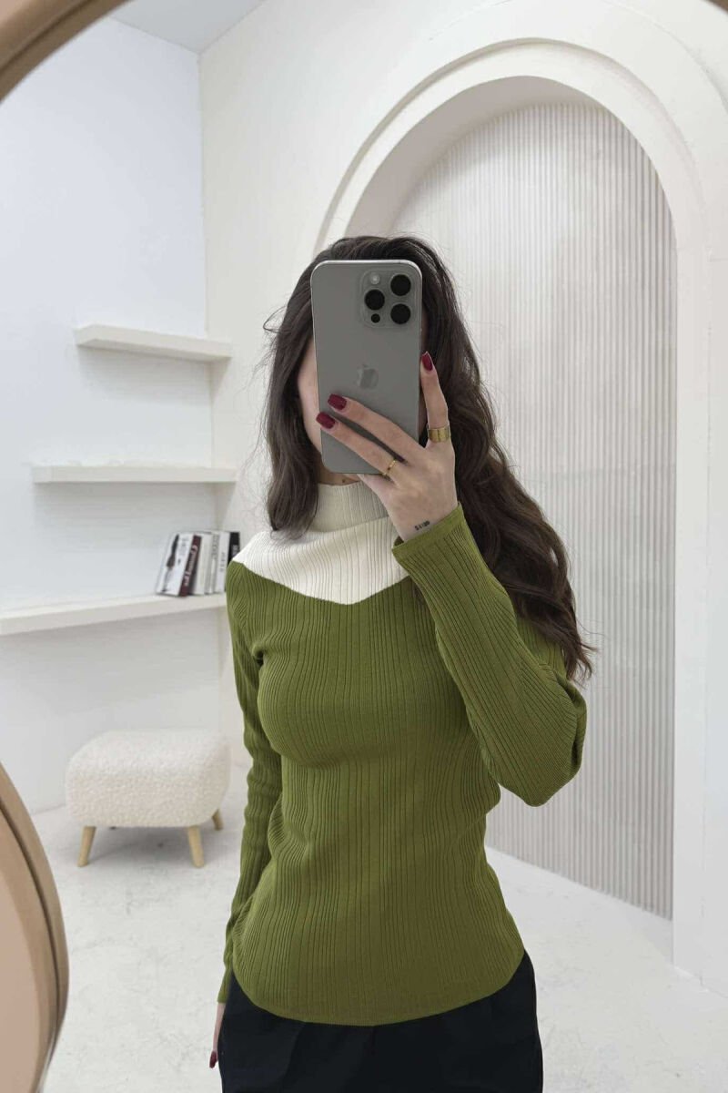 SEMI NECK TWO COLOR WOMEN SWEATER OLIVE/ULLI - 2