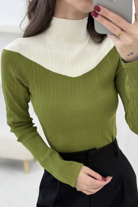 SEMI NECK TWO COLOR WOMEN SWEATER OLIVE/ULLI - 3