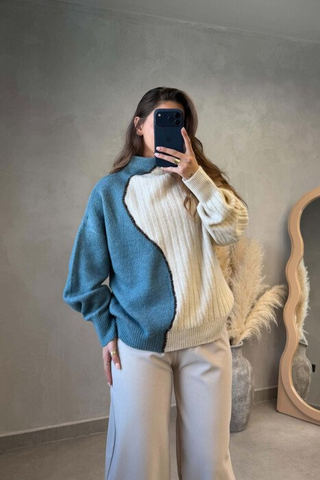 SEMI NECK TWO COLORS WOMAN SWEATER CREAM-BLUE/KREM-BLU - KLAUDIO FASHION