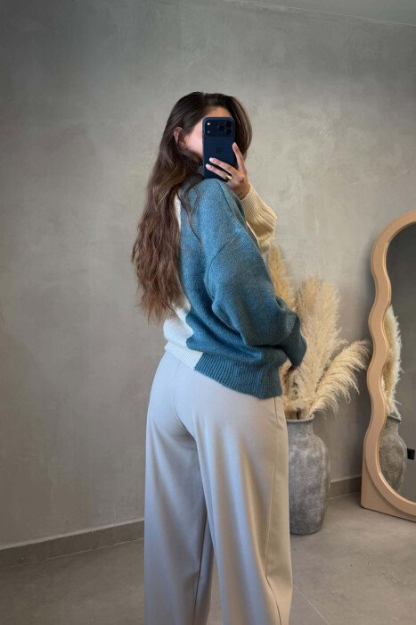 SEMI NECK TWO COLORS WOMAN SWEATER CREAM-BLUE/KREM-BLU - 2