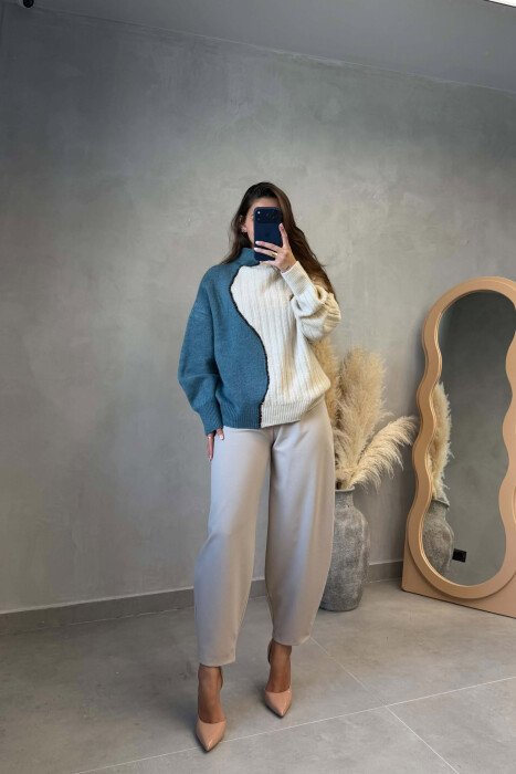 SEMI NECK TWO COLORS WOMAN SWEATER CREAM-BLUE/KREM-BLU - 3
