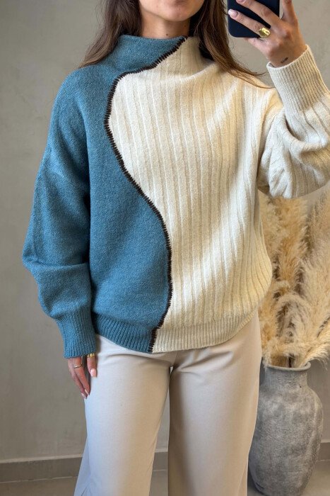 SEMI NECK TWO COLORS WOMAN SWEATER CREAM-BLUE/KREM-BLU - 4