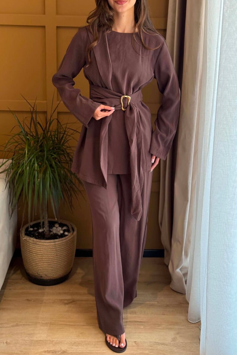 SET BLUZE ME DETAJ GOLD+PANTALLONA PER FEMRA NE NGJYRE KAFE - 5