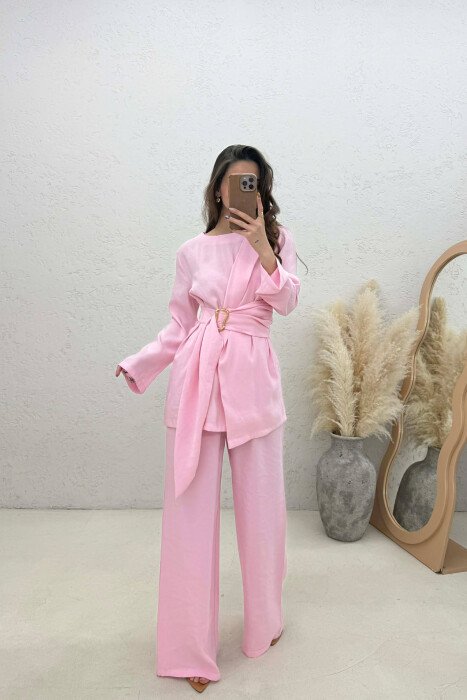 SET BLUZE ME DETAJ GOLD+PANTALLONA PER FEMRA NE NGJYRE ROZE - 1
