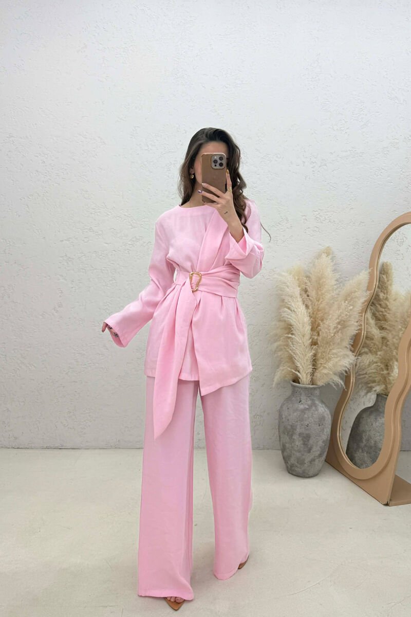SET BLUZE ME DETAJ GOLD+PANTALLONA PER FEMRA NE NGJYRE ROZE - 1