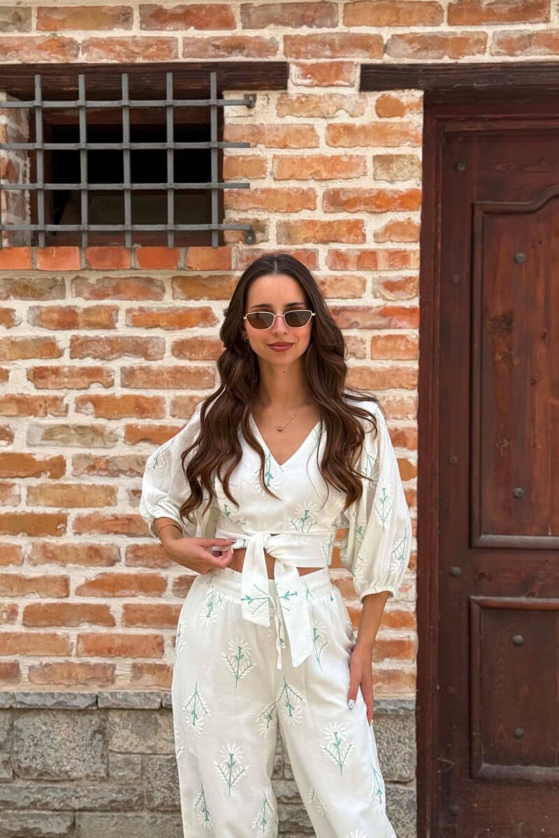 SET CROP TOP ME JAKE V + PANTALLONA PER FEMRA NE NGJYRE TE BARDHE DHE JESHILE - 2