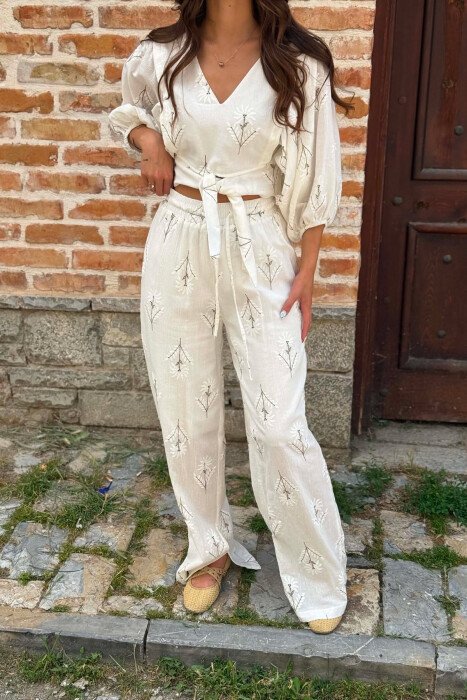 SET CROP TOP ME JAKE V + PANTALLONA PER FEMRA NE NGJYRE TE BARDHE DHE KAFE - 4