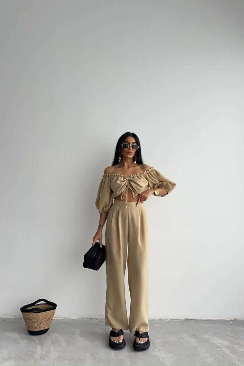 SET CROP TOP + PANTALLONA PER FEMRA NE NGJYRE BEZHE - 1