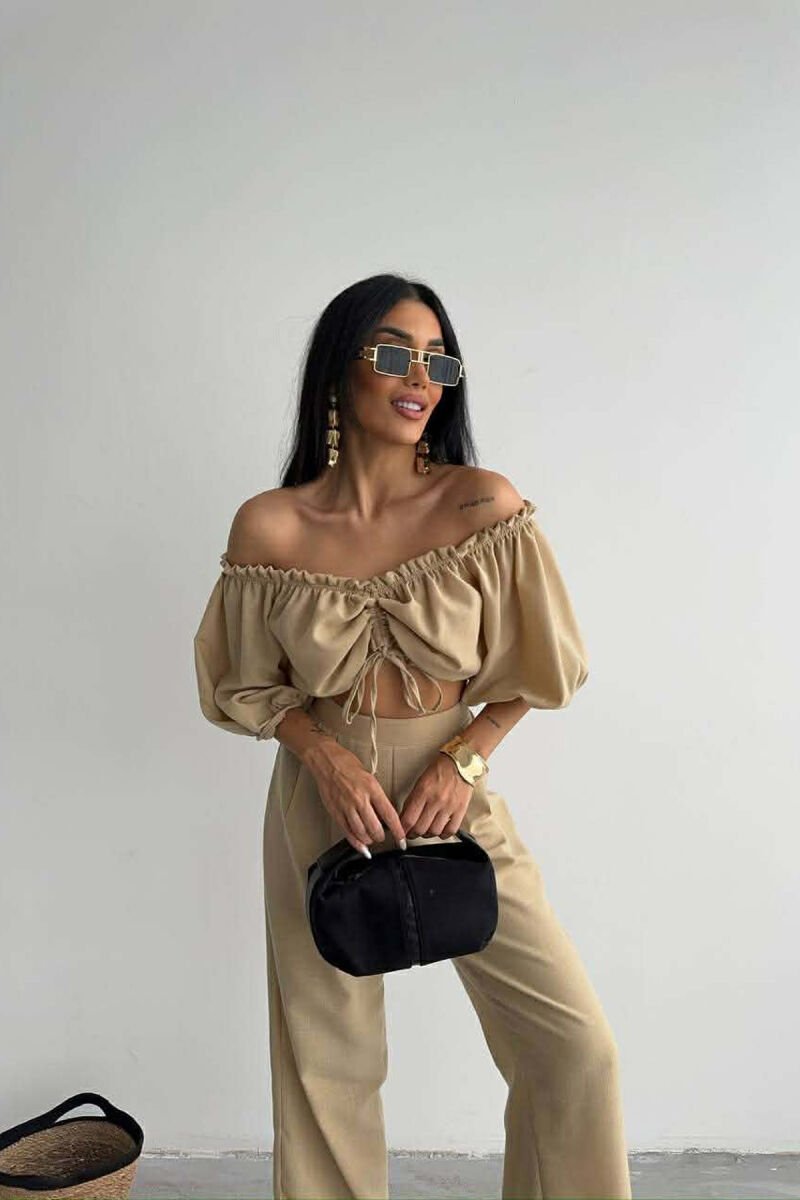 SET CROP TOP + PANTALLONA PER FEMRA NE NGJYRE BEZHE - 2