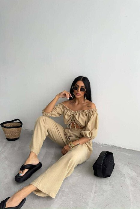 SET CROP TOP + PANTALLONA PER FEMRA NE NGJYRE BEZHE - 3