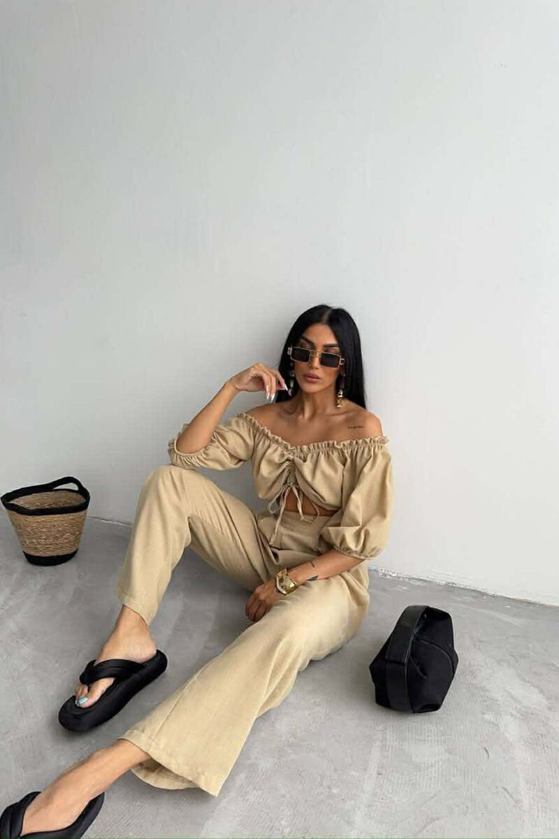 SET CROP TOP + PANTALLONA PER FEMRA NE NGJYRE BEZHE - 3